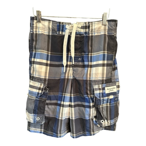 Y2K Vintage Abercrombie & Fitch Swim Trunks Mens Small Blue Plaid Cargo Pockets - Picture 1 of 5
